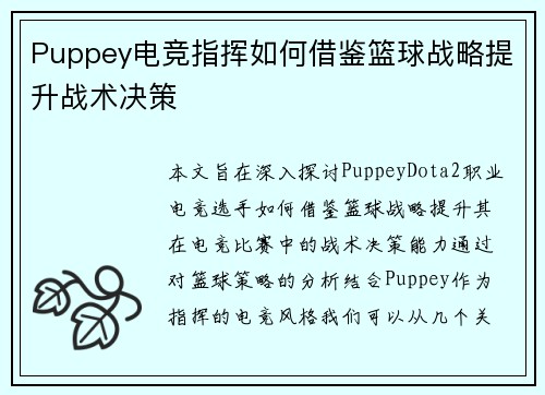 Puppey电竞指挥如何借鉴篮球战略提升战术决策